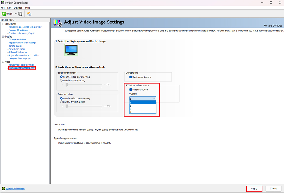 Exploring NVIDIA Video Super Resolution for MAG274UPF image 8 control panel