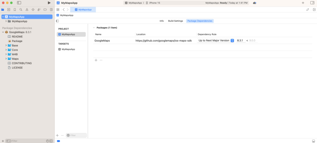 X code project navigator showing Google Maps package dependency