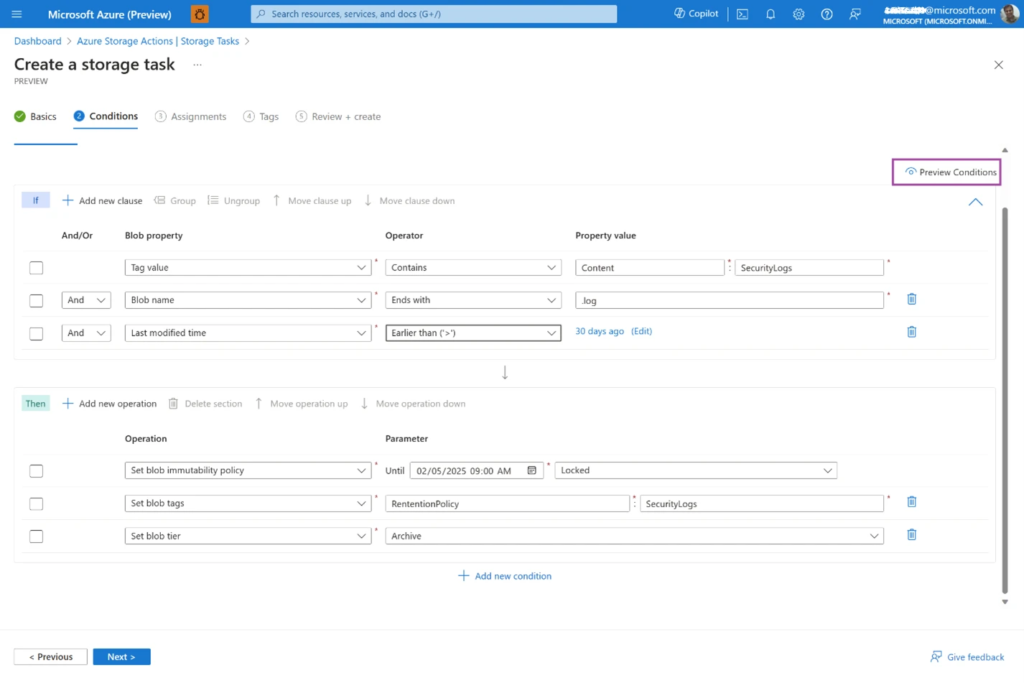 Azure storage actions