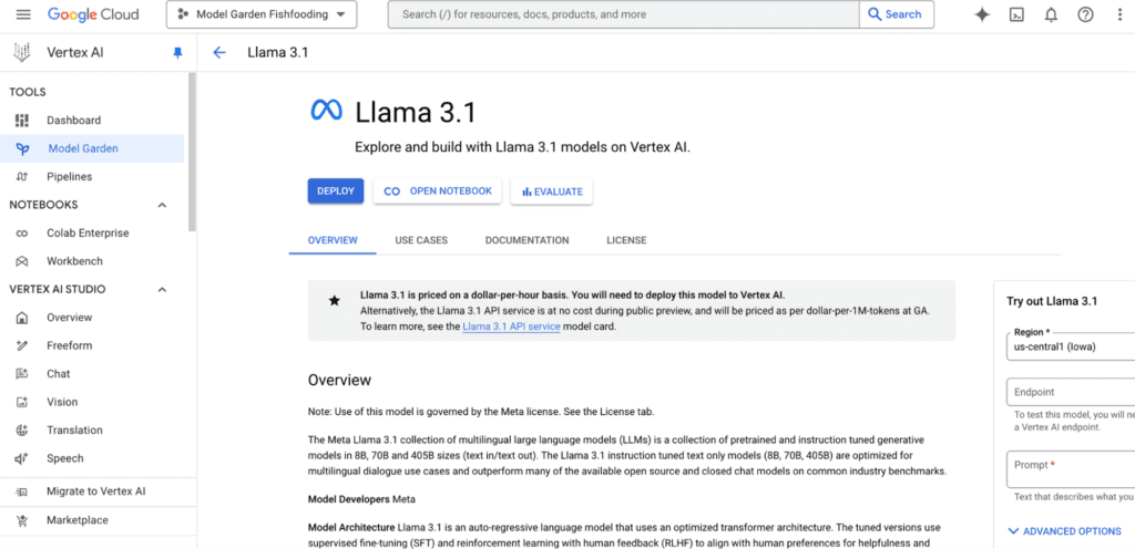 Llama 3.1 LLM in Vertex AI Model Garden