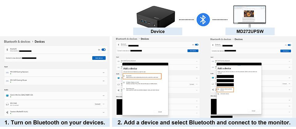 Modern MD272UPSW via HDMI or DP, you'll need to enable Bluetooth 