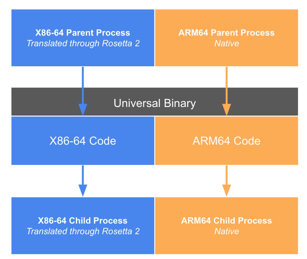 Overview of execution of universal binaries with X864-64 processes translated through Rosetta 2 versus ARM64 processes