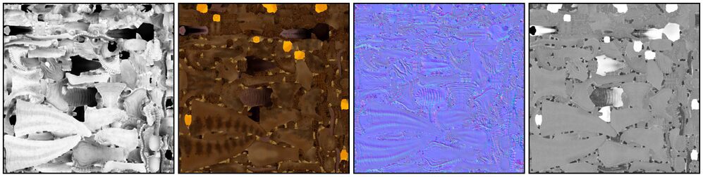 The texture channels of the T-Rex asset. Although each channel encodes a different surface attribute