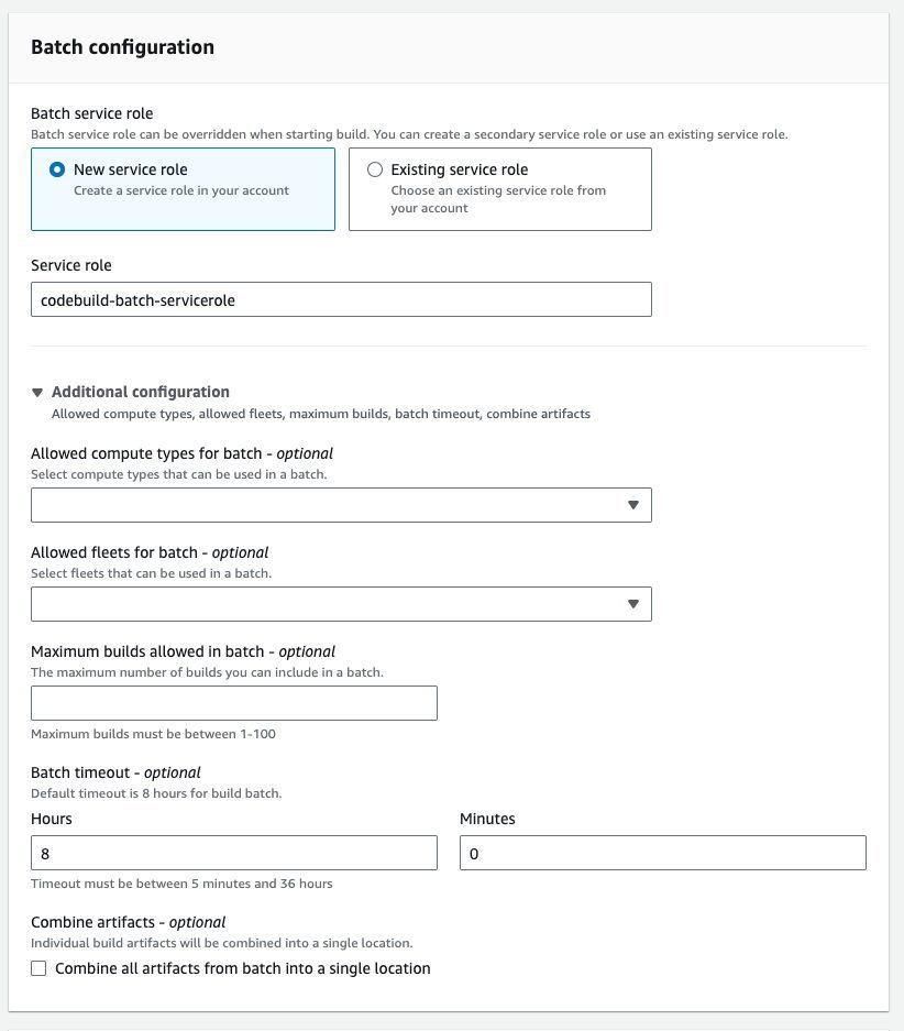 The CodeBuild console to create a project and a batch build configuration for this project