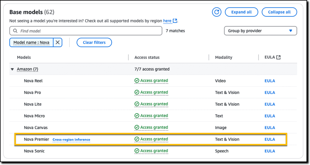 Select Nova Premier in Model access and toggle access. Select Nova Premier in Model access and toggle access.